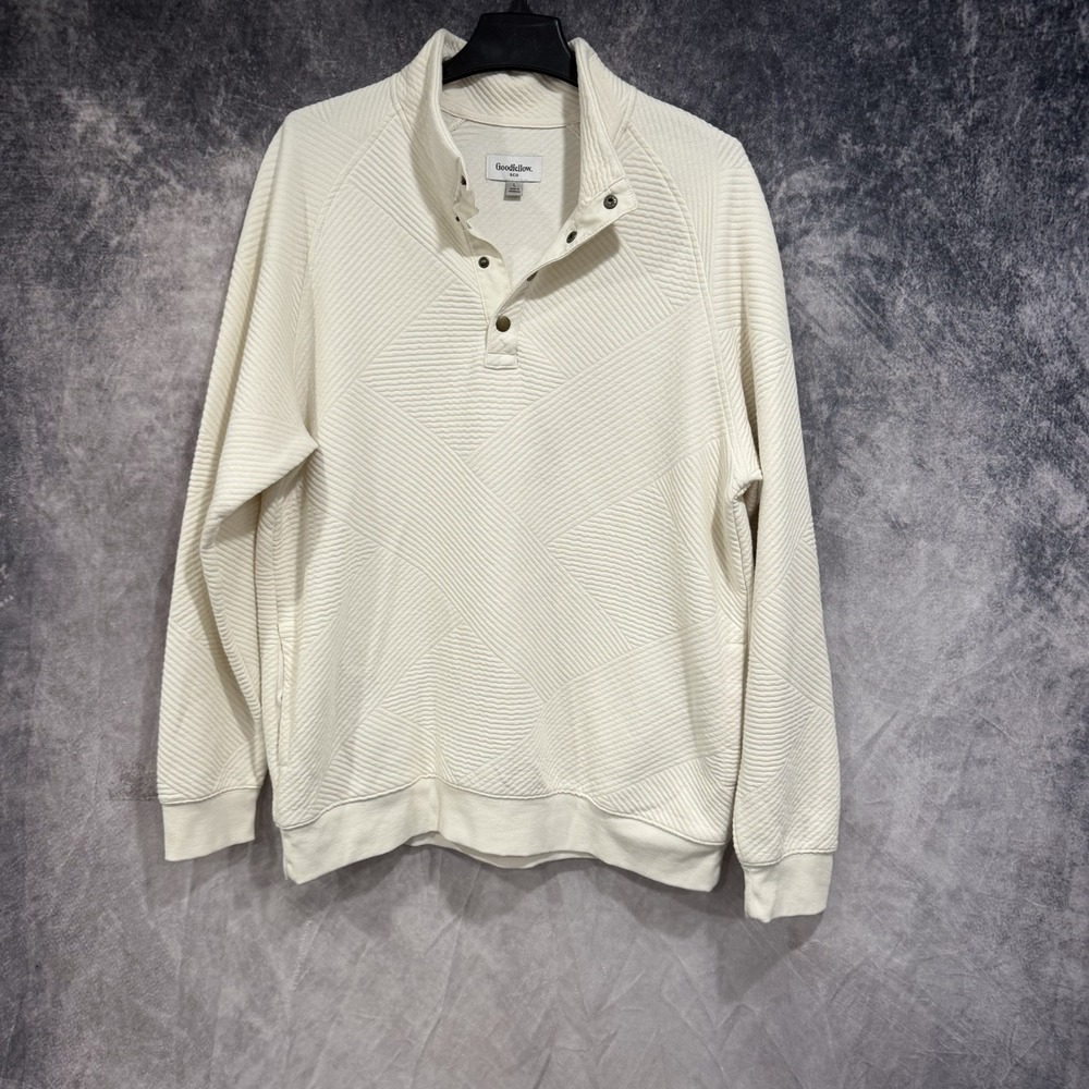 Men's Textured Snap Placket Pullover Sweatshirt Geometric quilt Pattern L Ivory